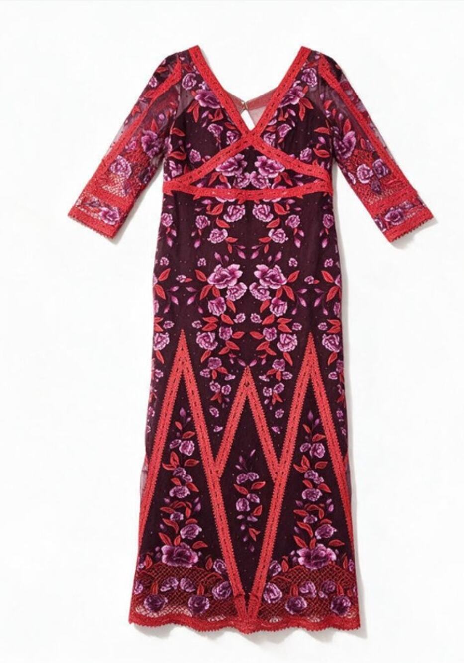 Marchesa Notte 6 Wine Floral Lace Formal Dress Full Length Bridal Glam Sheer